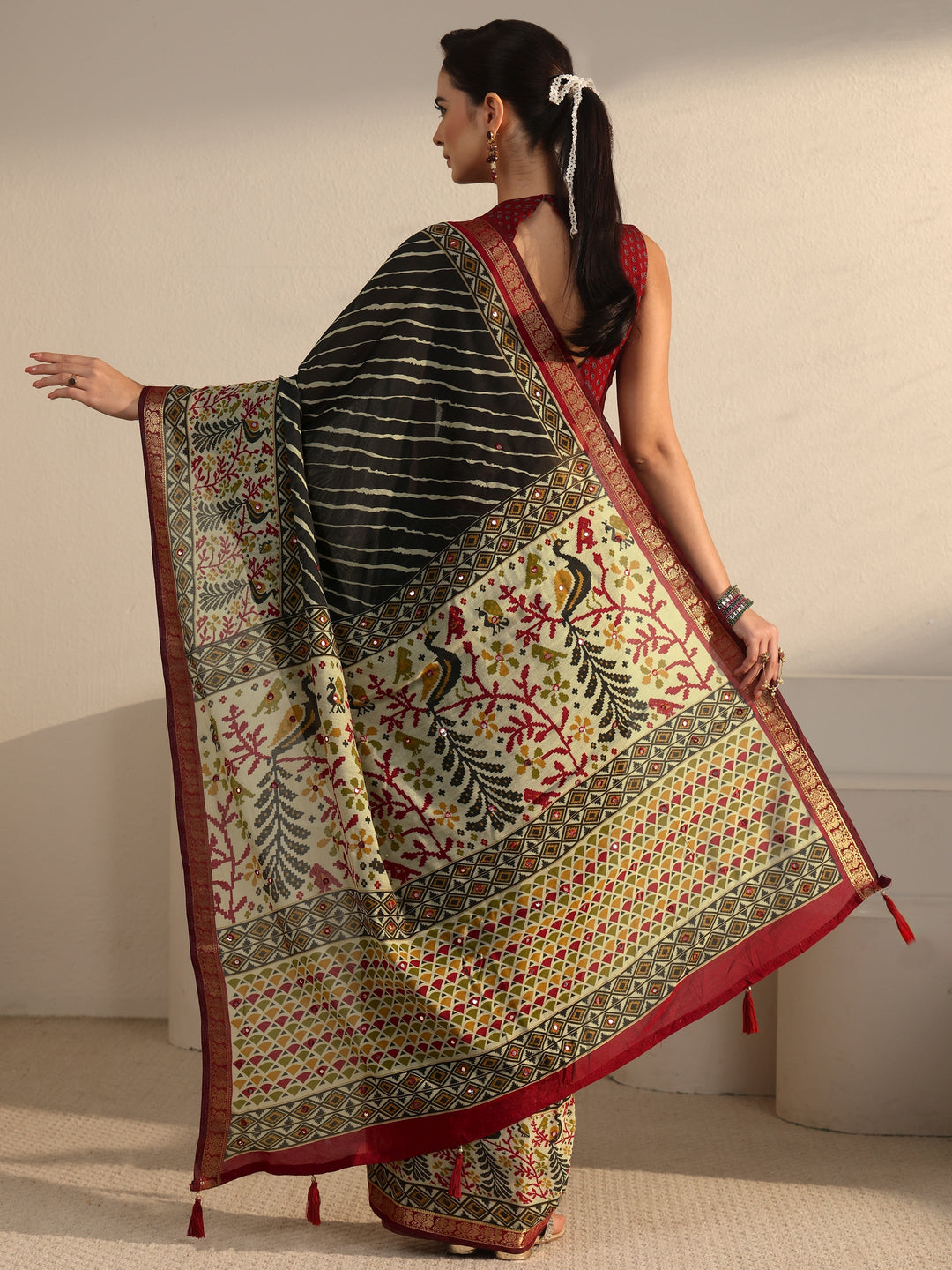  Libas Black and Red Leheriya Printed Silk Blend Tassel Saree 
