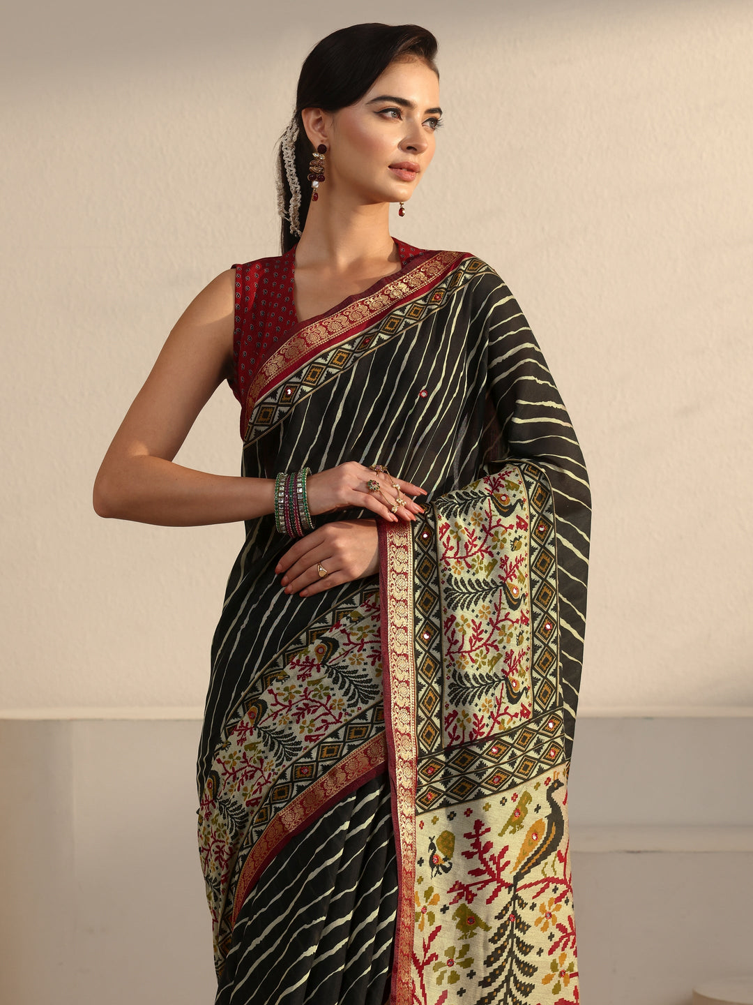  Libas Black and Red Leheriya Printed Silk Blend Tassel Saree 