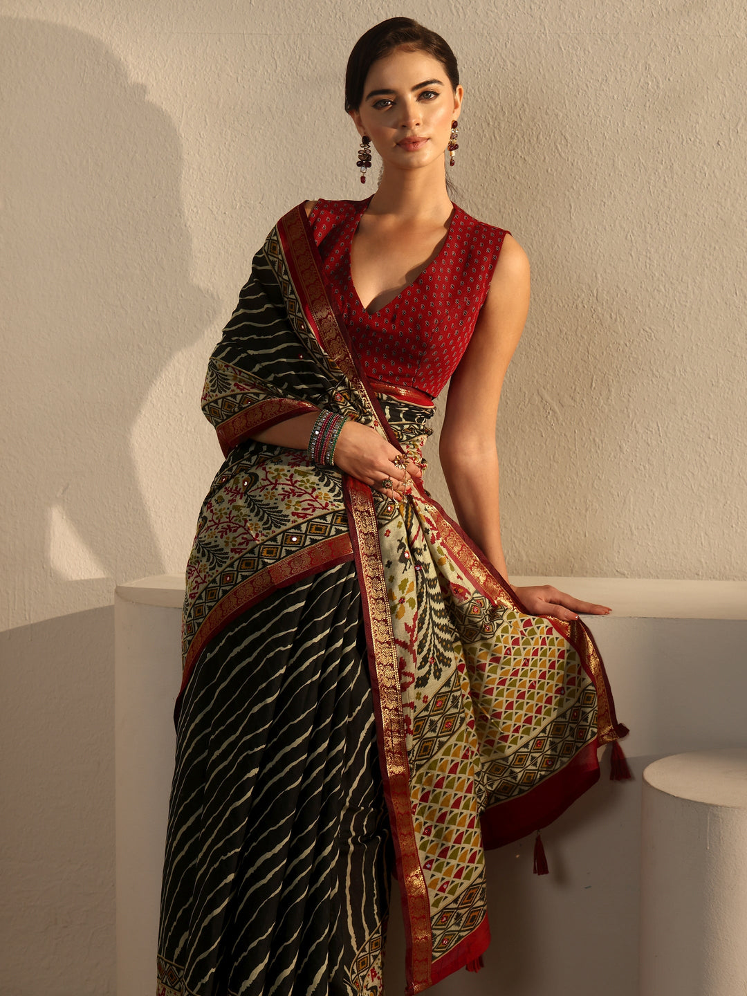  Libas Black and Red Leheriya Printed Silk Blend Tassel Saree 