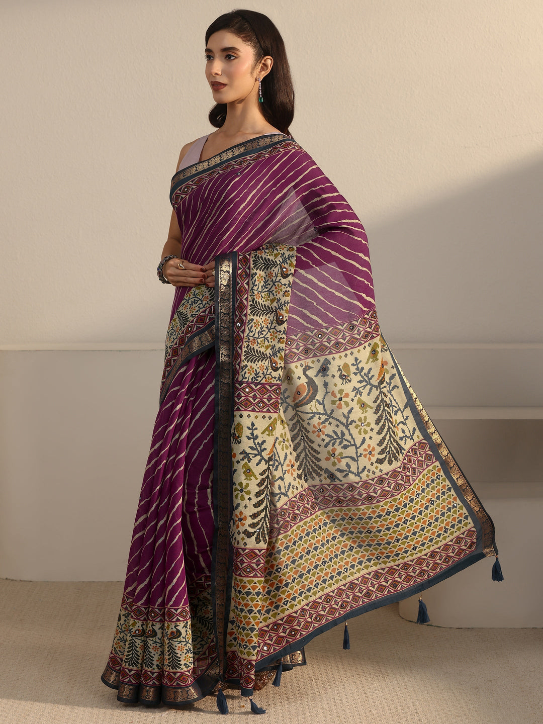  Libas Purple and Blue Leheriya Printed Silk Blend Tassel Saree 