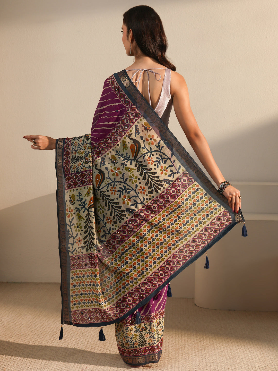  Libas Purple and Blue Leheriya Printed Silk Blend Tassel Saree 
