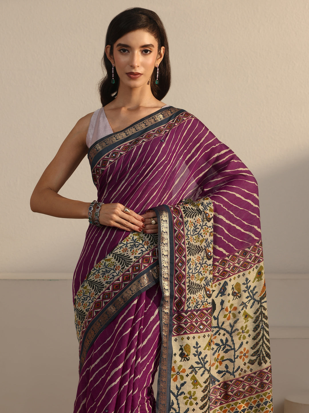  Libas Purple and Blue Leheriya Printed Silk Blend Tassel Saree 