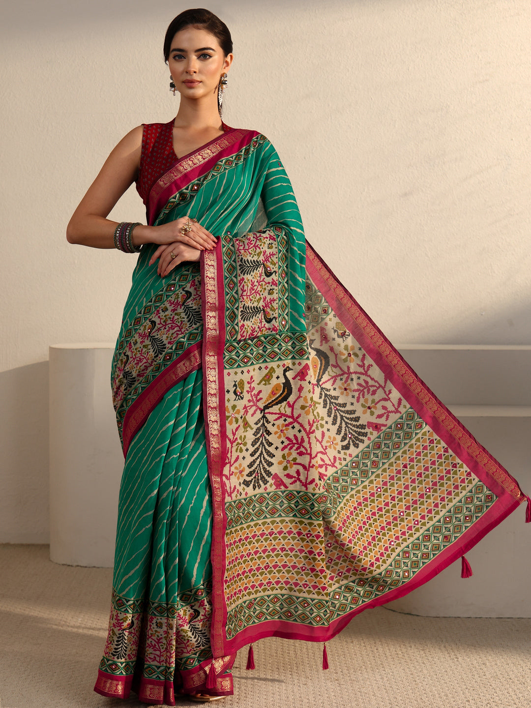  Libas Green and Red Leheriya Printed Silk Blend Tassel Saree 