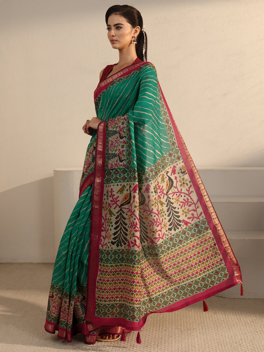  Libas Green and Red Leheriya Printed Silk Blend Tassel Saree 