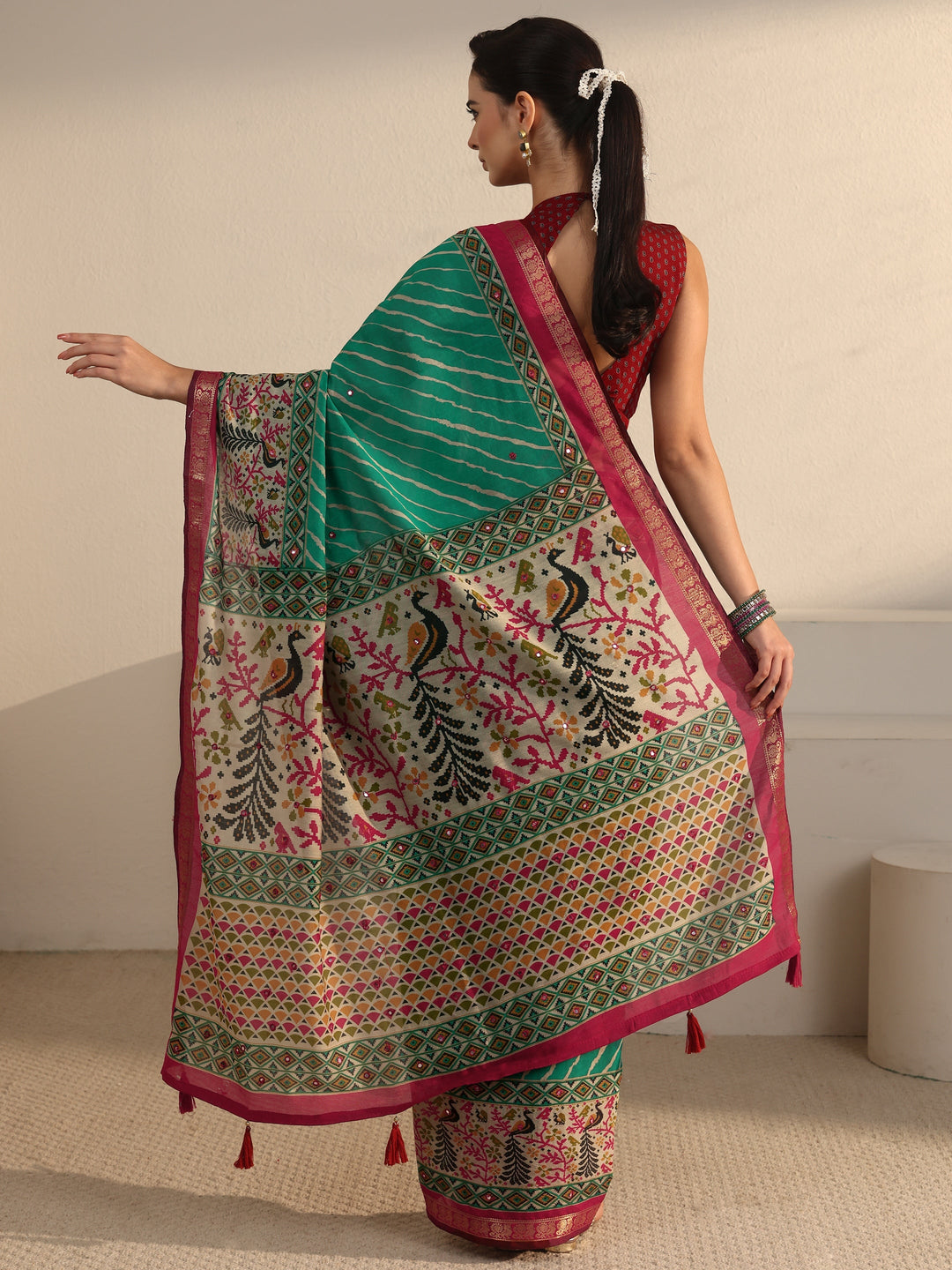  Libas Green and Red Leheriya Printed Silk Blend Tassel Saree 
