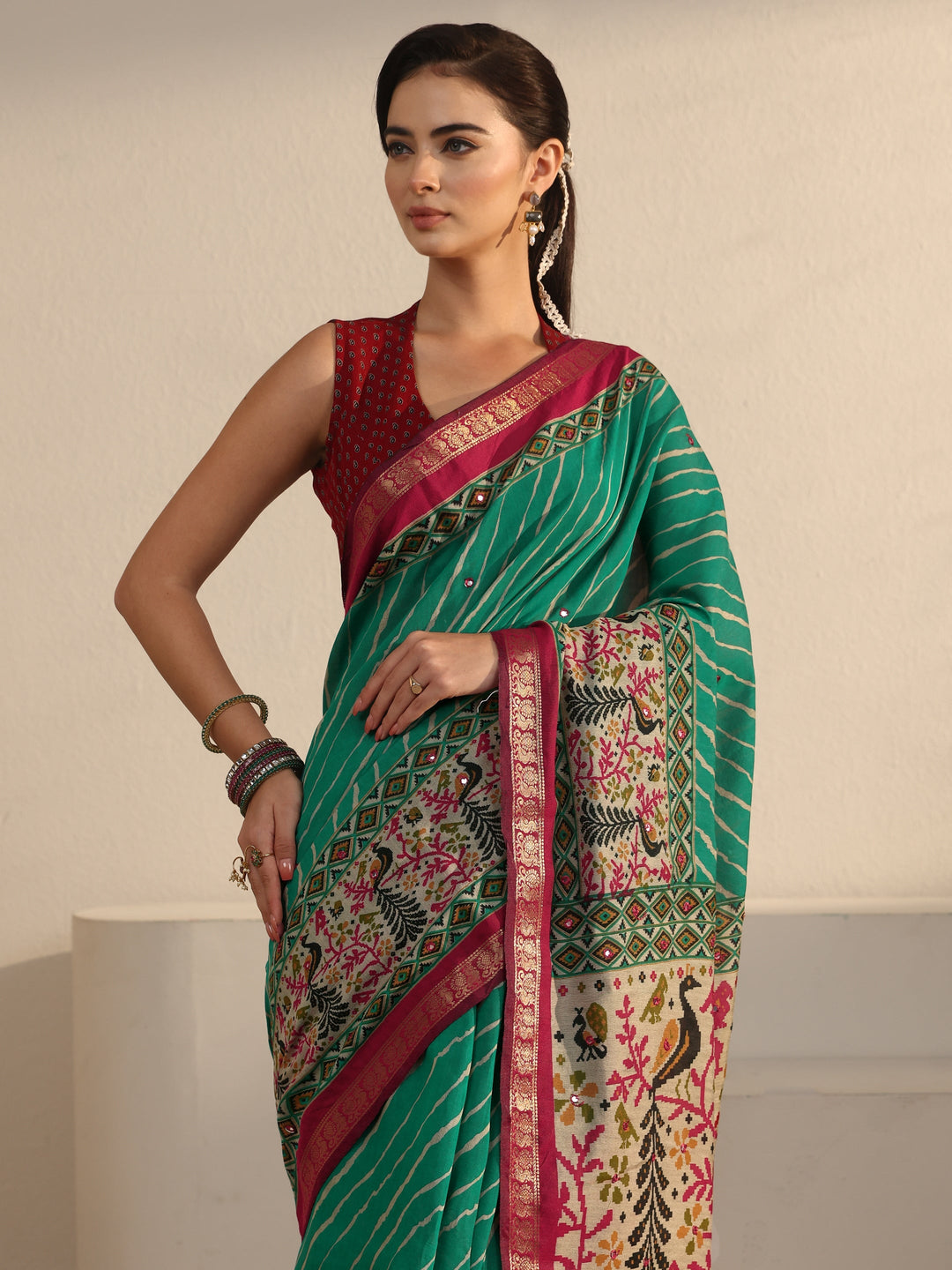  Libas Green and Red Leheriya Printed Silk Blend Tassel Saree 