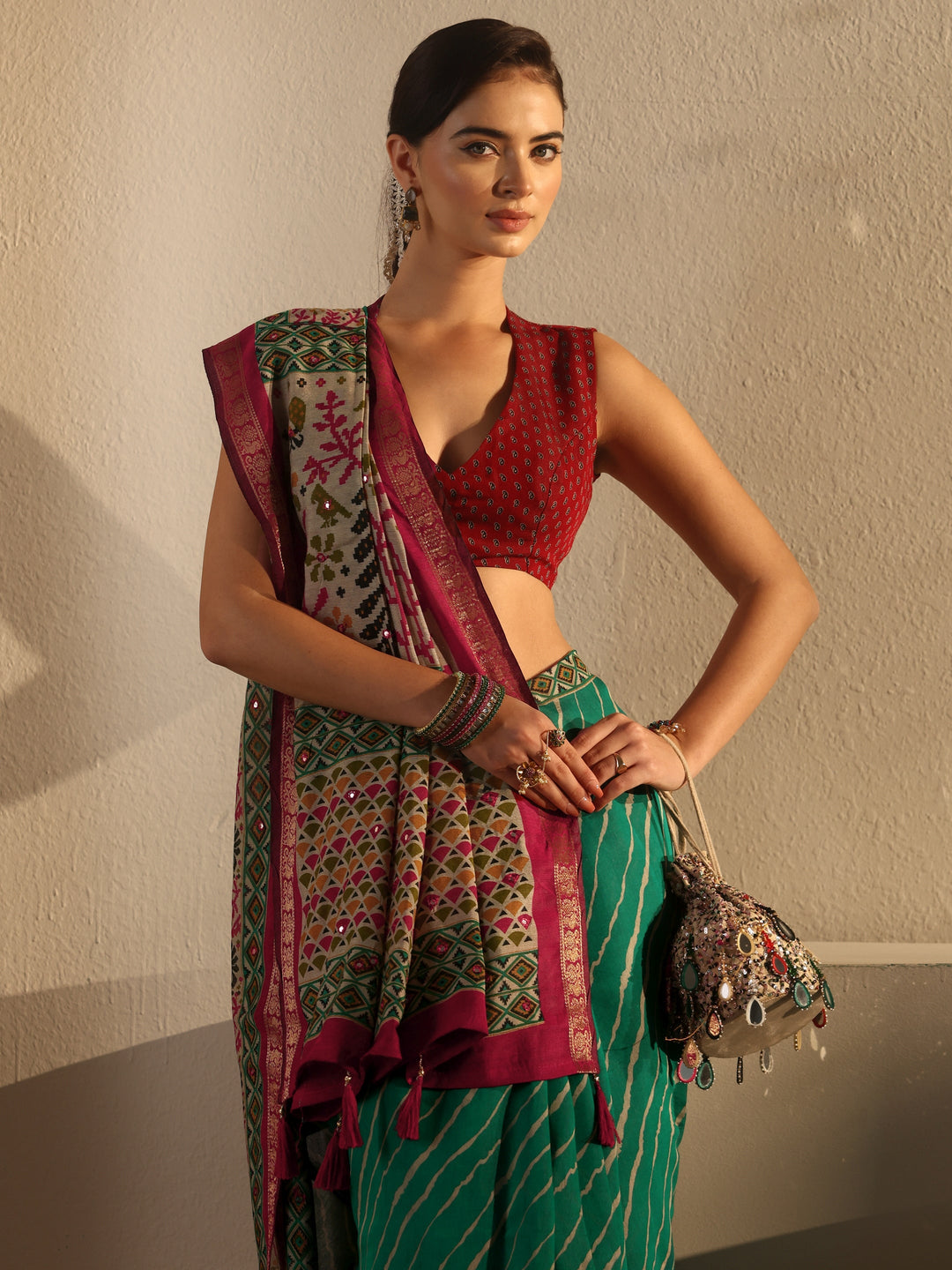  Libas Green and Red Leheriya Printed Silk Blend Tassel Saree 