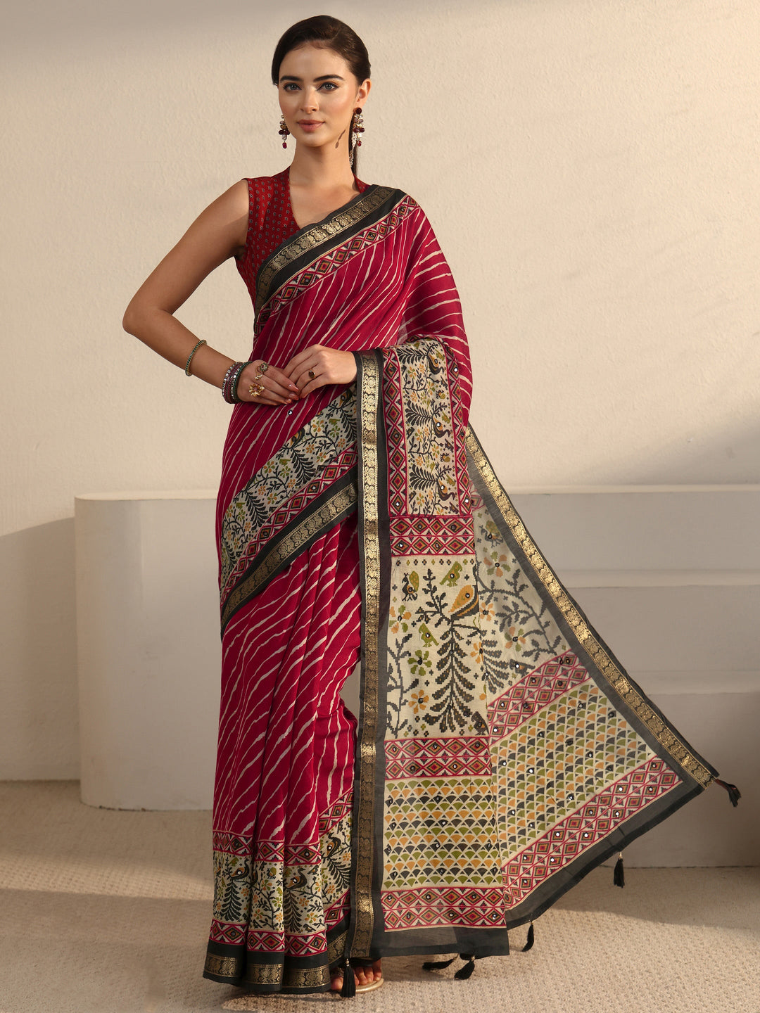  Libas Ruby Red Leheriya Printed Silk Blend Tassel Saree 