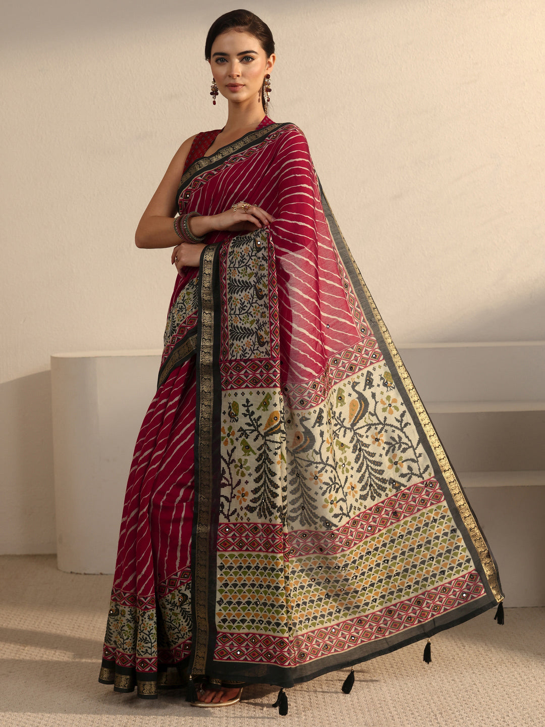  Libas Ruby Red Leheriya Printed Silk Blend Tassel Saree 