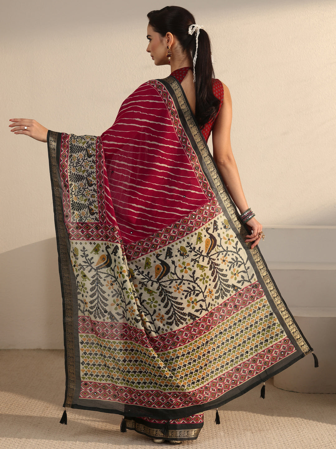  Libas Ruby Red Leheriya Printed Silk Blend Tassel Saree 