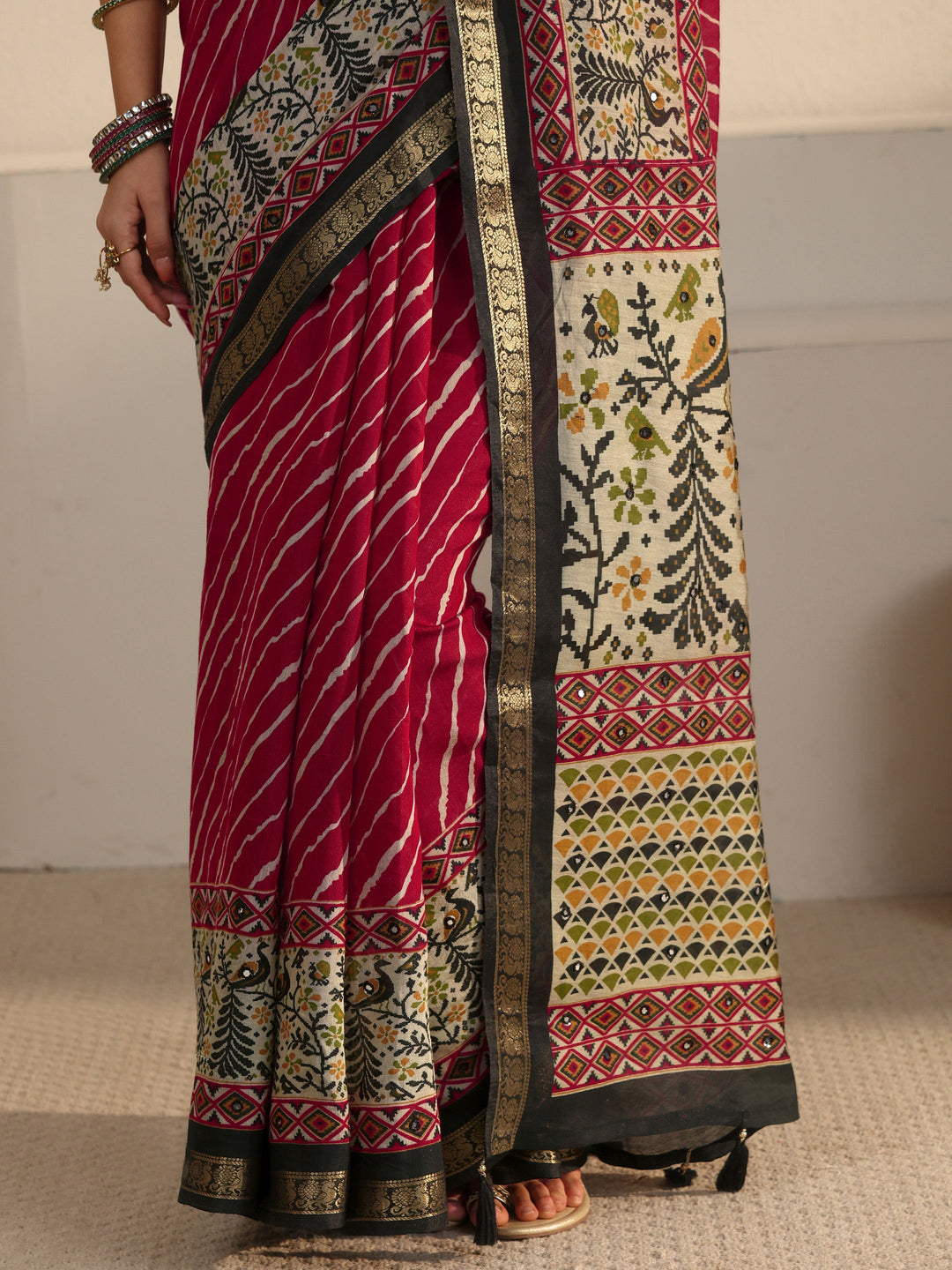  Libas Ruby Red Leheriya Printed Silk Blend Tassel Saree 