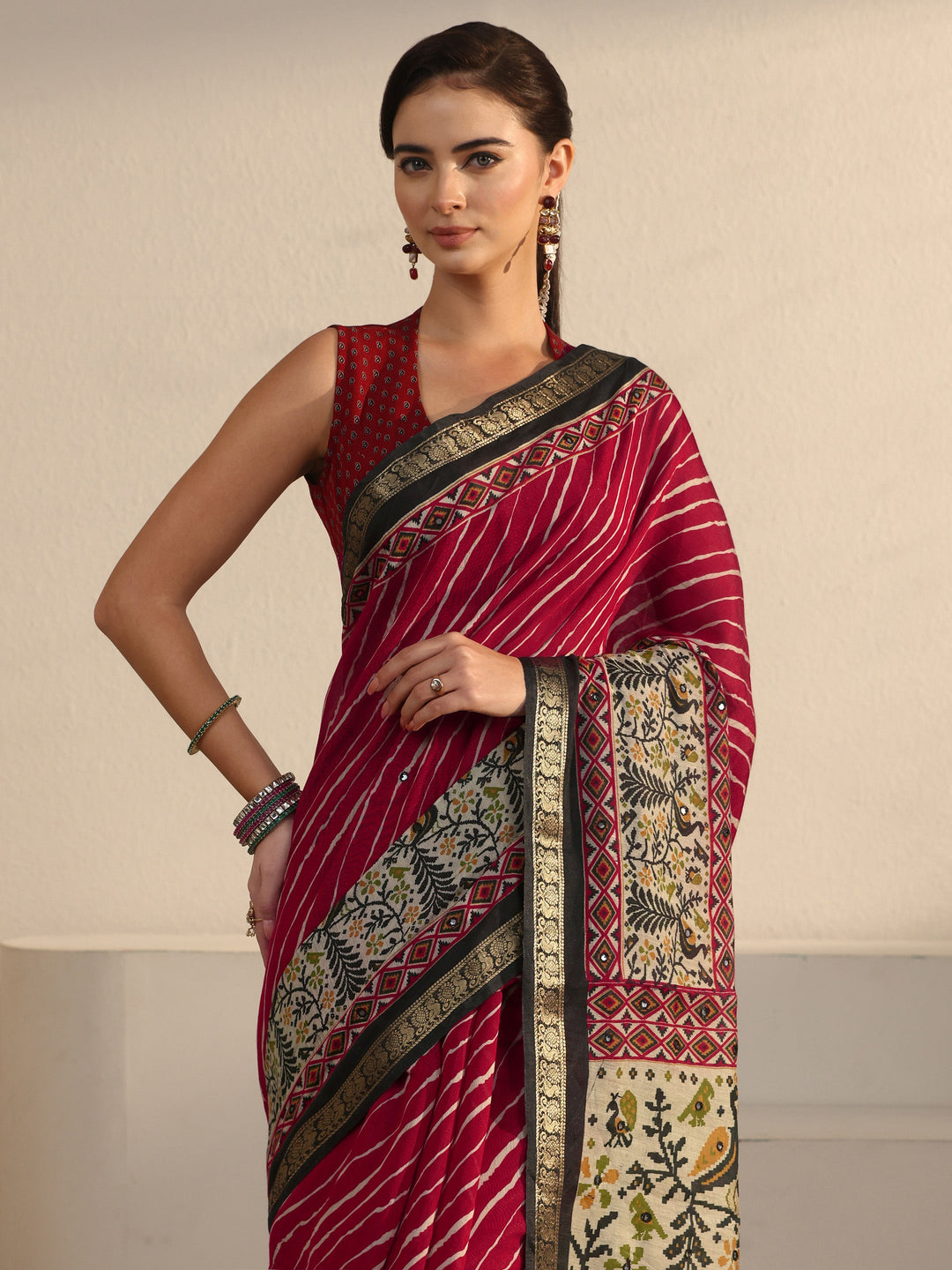  Libas Ruby Red Leheriya Printed Silk Blend Tassel Saree 