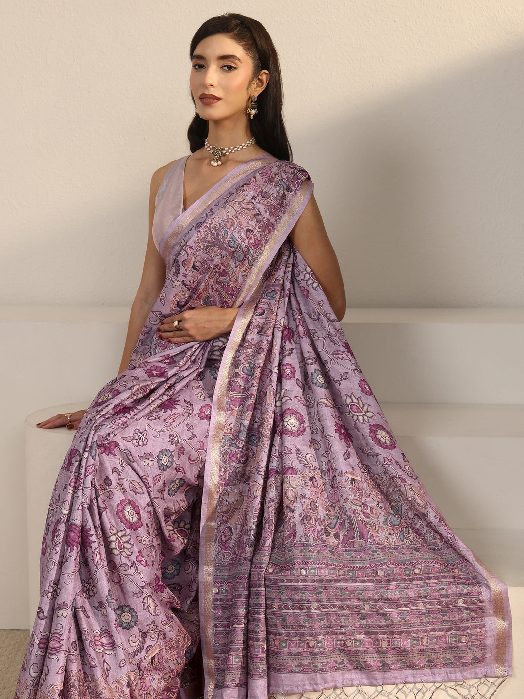  Libas Lavender Floral Printed Silk Blend Tassel Saree 