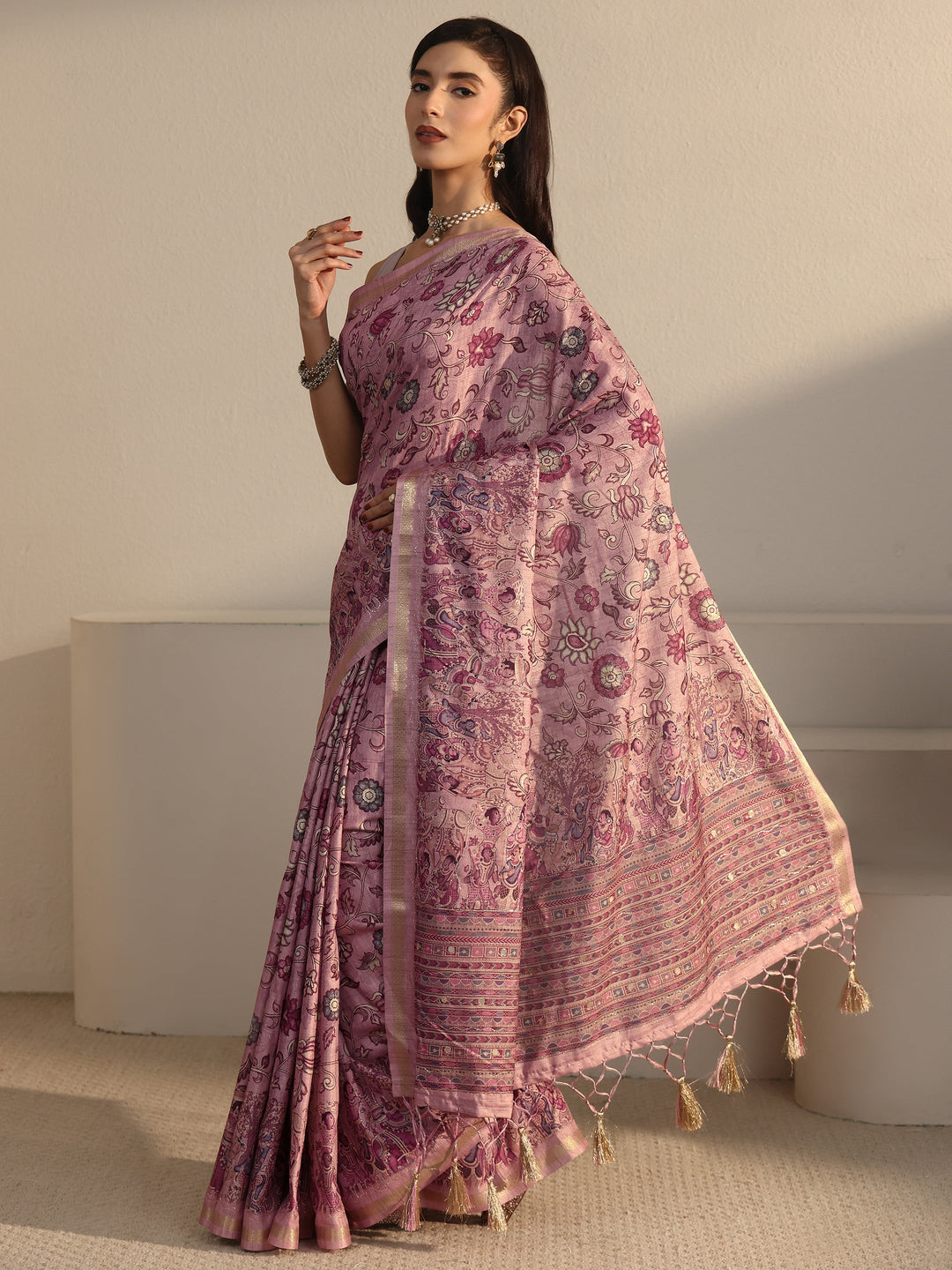  Libas Rose Pink Floral Printed Silk Blend Tassel Saree 