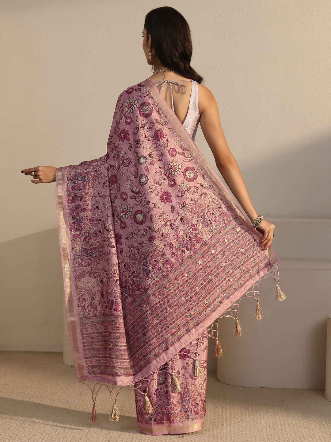  Libas Rose Pink Floral Printed Silk Blend Tassel Saree 