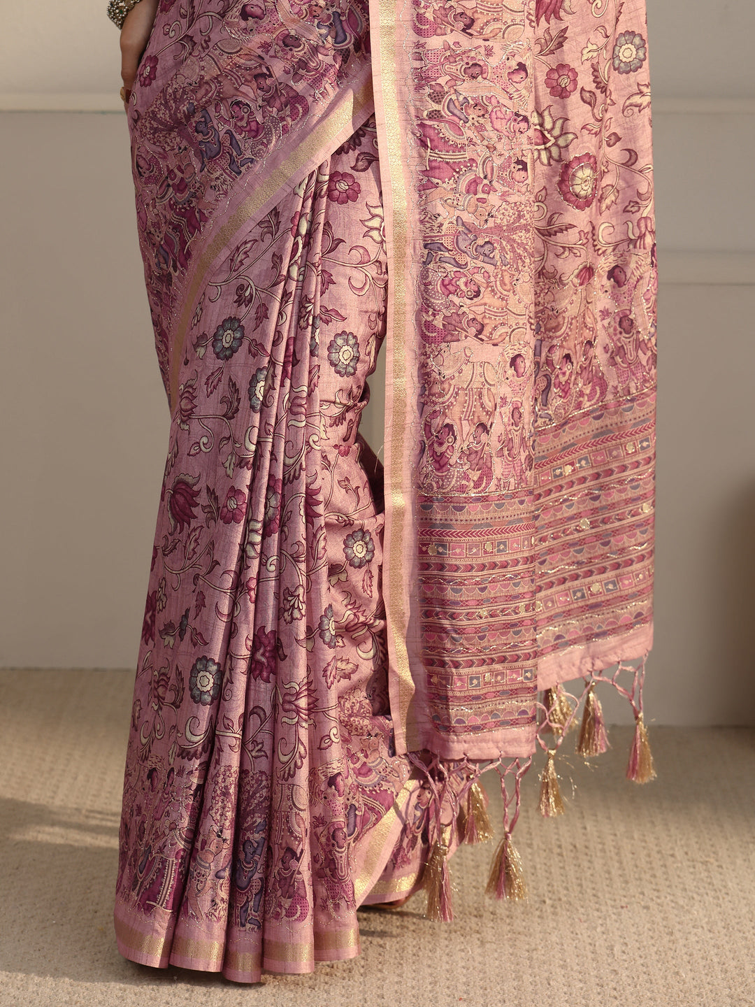  Libas Rose Pink Floral Printed Silk Blend Tassel Saree 