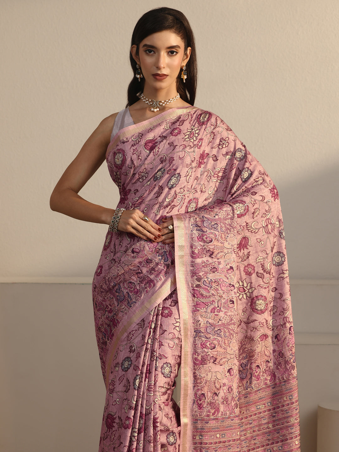  Libas Rose Pink Floral Printed Silk Blend Tassel Saree 
