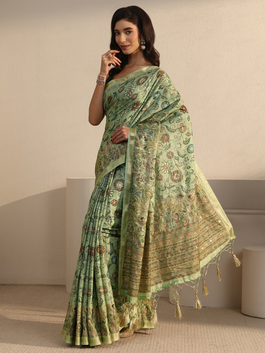  Libas Mint Green Floral Printed Silk Blend Tassel Saree 