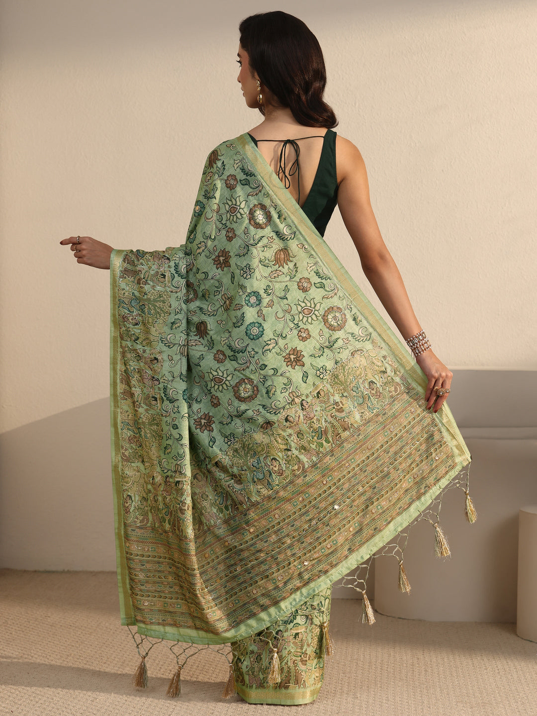  Libas Mint Green Floral Printed Silk Blend Tassel Saree 