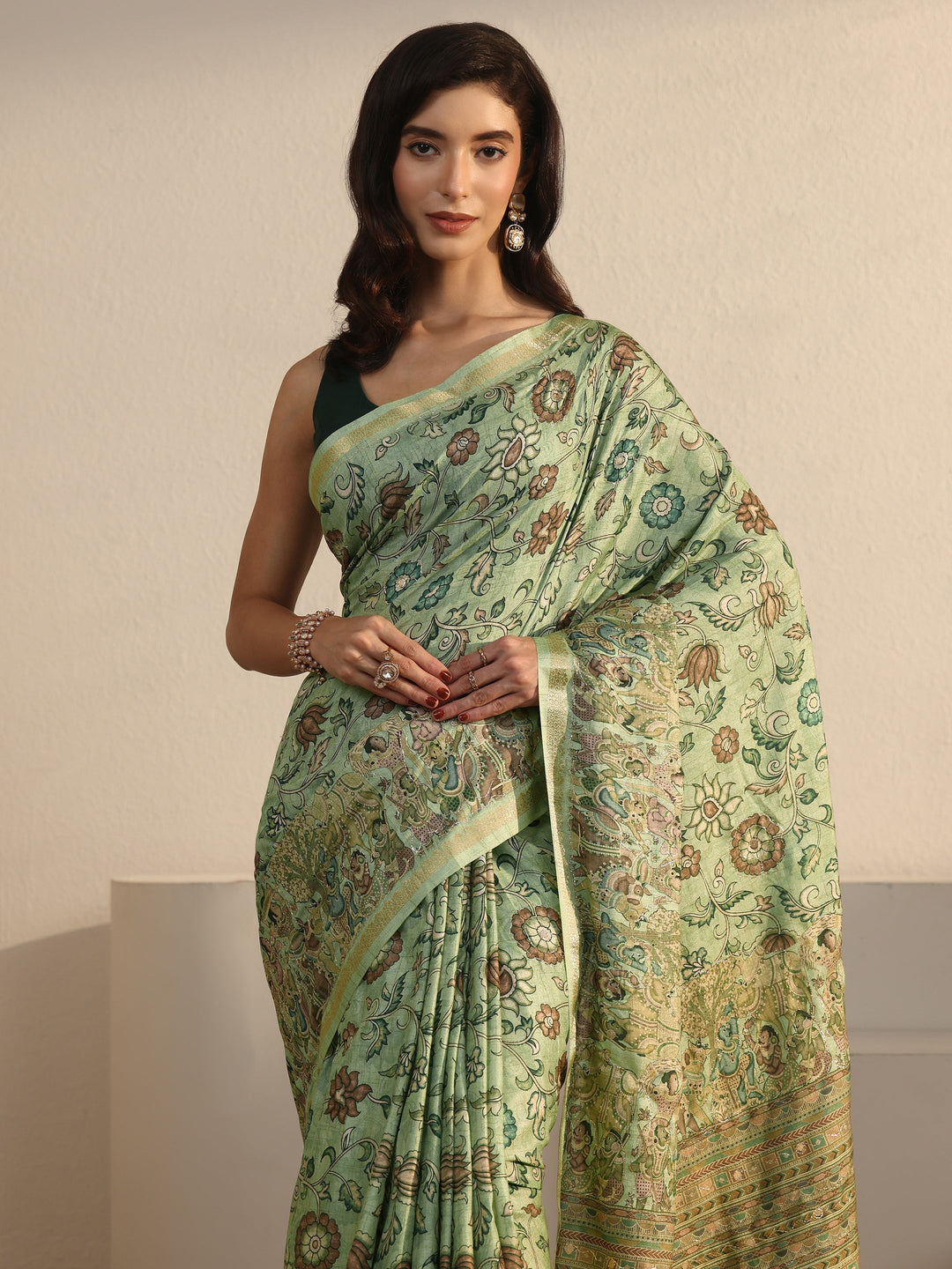  Libas Mint Green Floral Printed Silk Blend Tassel Saree 