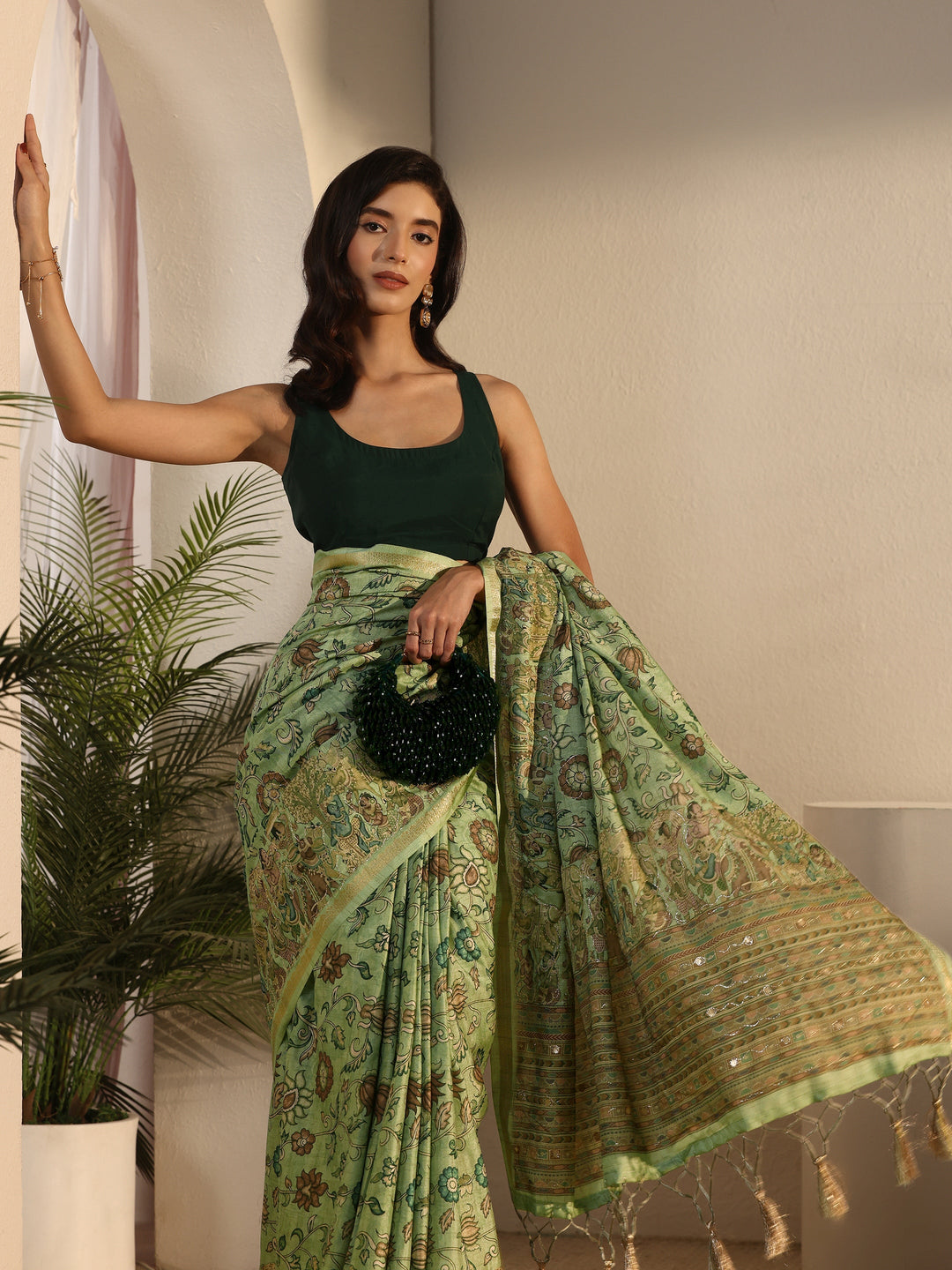  Libas Mint Green Floral Printed Silk Blend Tassel Saree 