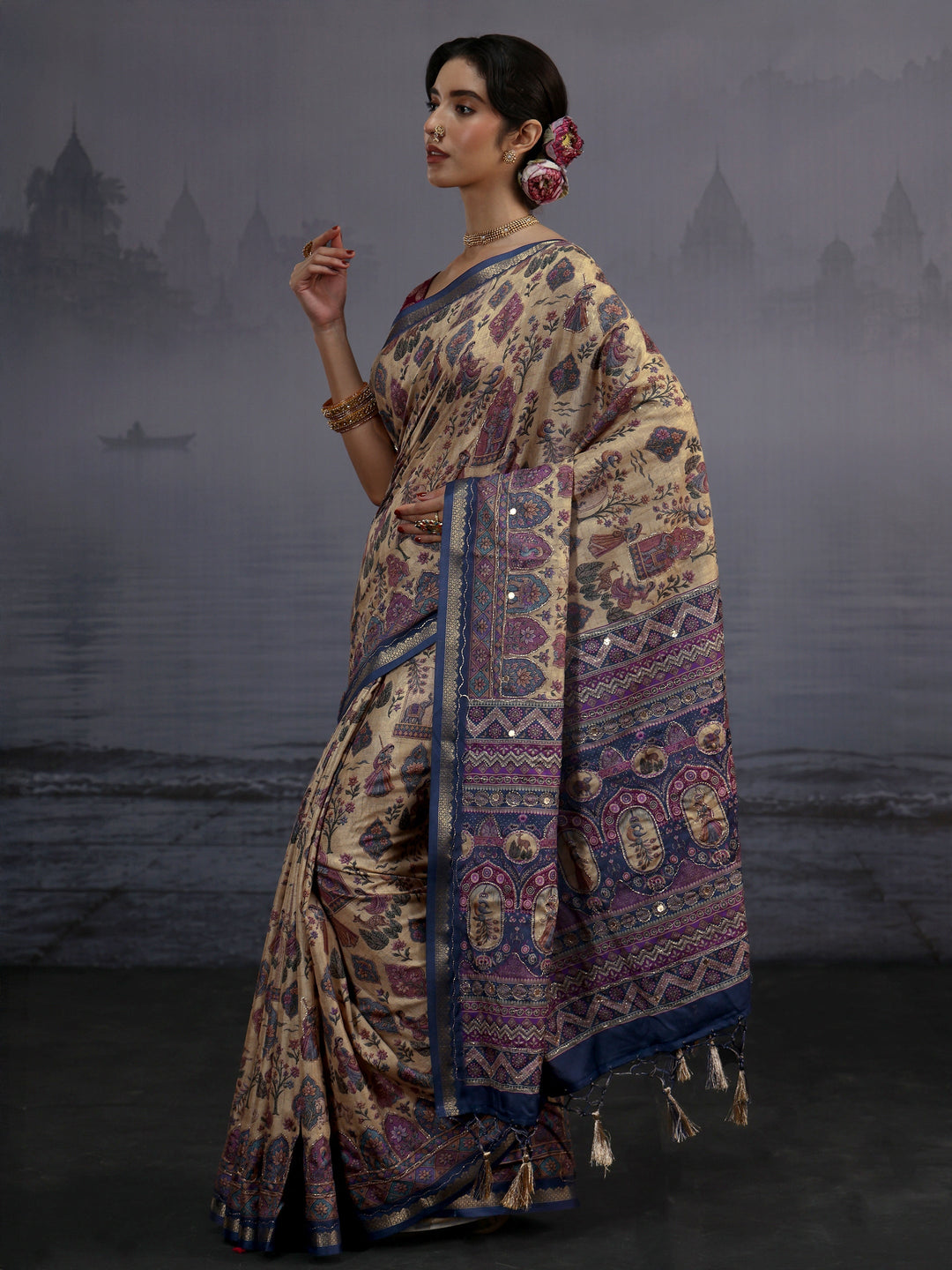  Libas Beige Mughal Printed Silk Blend Saree 