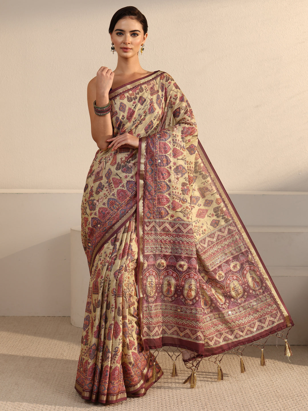  Libas Beige and Mauve Ethnic Printed Silk Blend Tassel Saree 
