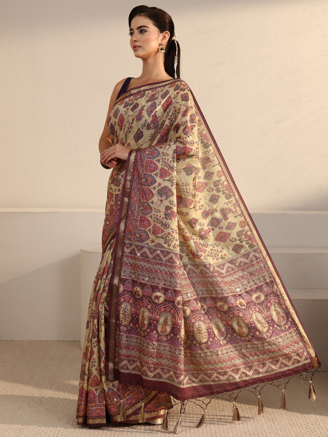  Libas Beige and Mauve Ethnic Printed Silk Blend Tassel Saree 