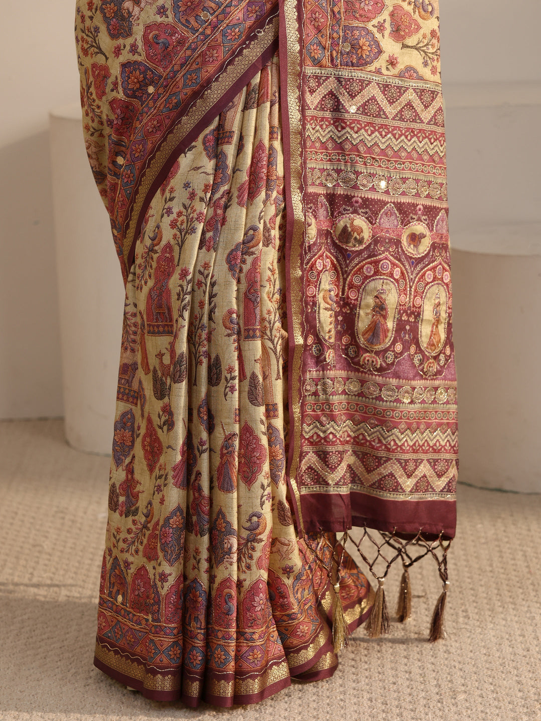  Libas Beige and Mauve Ethnic Printed Silk Blend Tassel Saree 