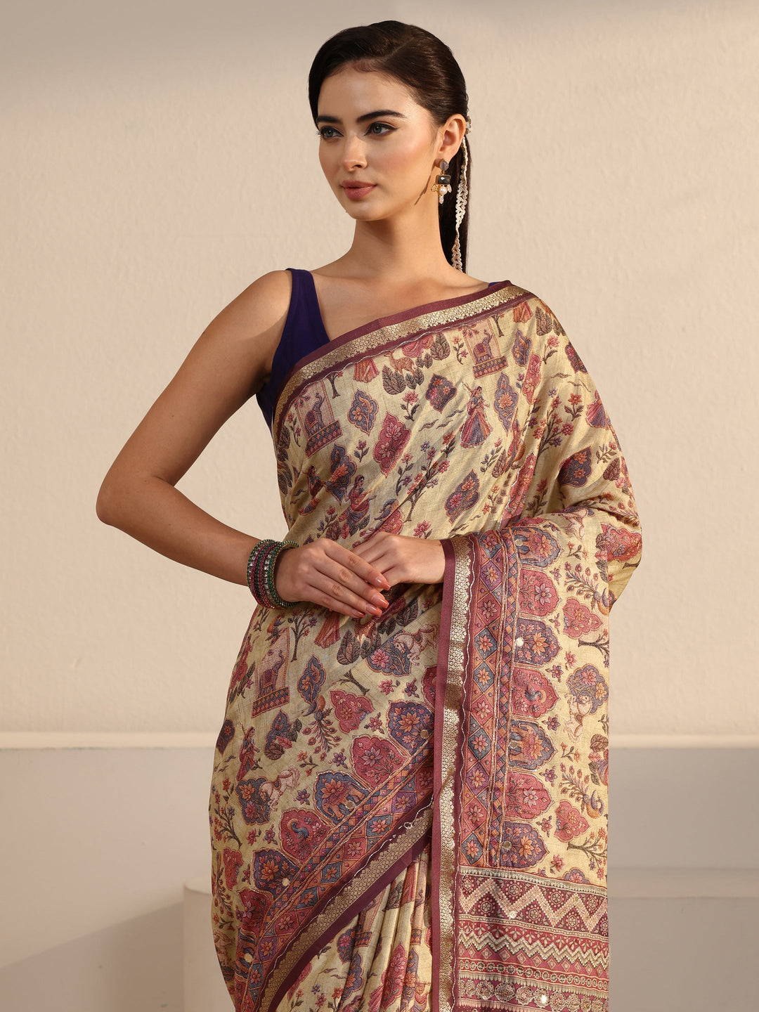  Libas Beige and Mauve Ethnic Printed Silk Blend Tassel Saree 