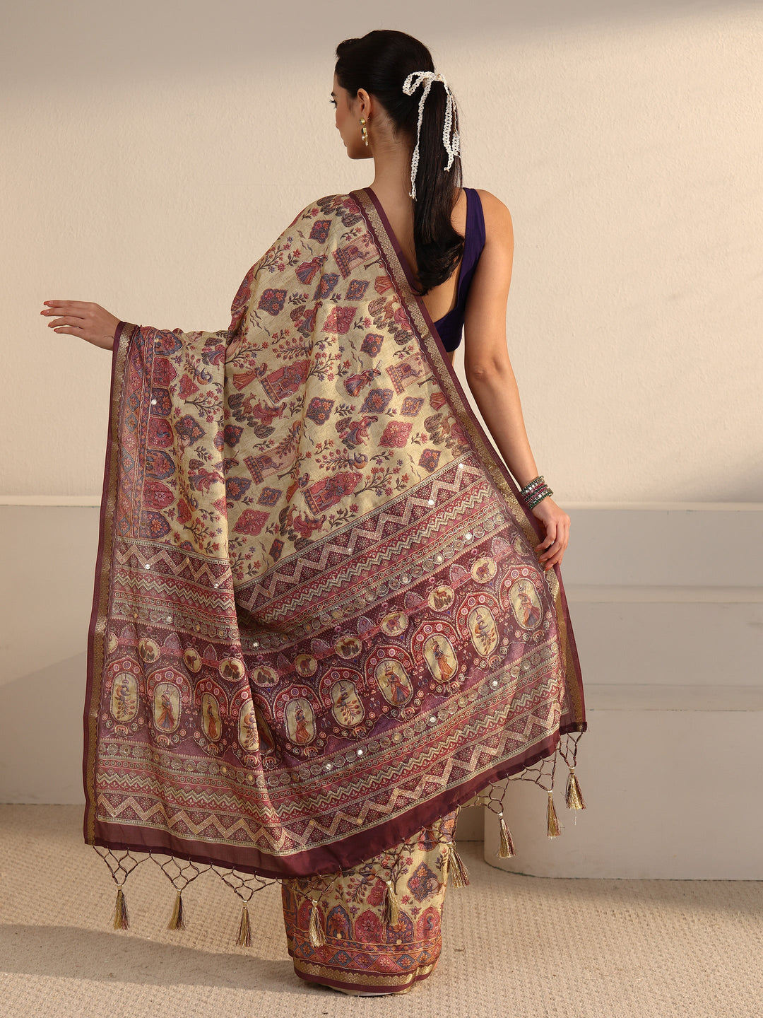  Libas Beige and Mauve Ethnic Printed Silk Blend Tassel Saree 