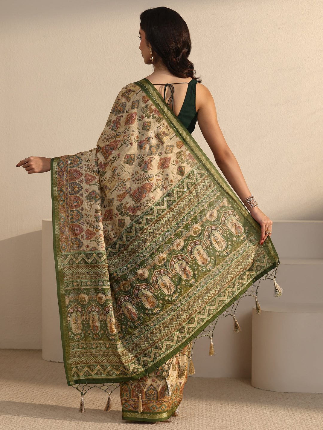  Libas Beige and Green Ethnic Printed Silk Blend Tassel Saree 