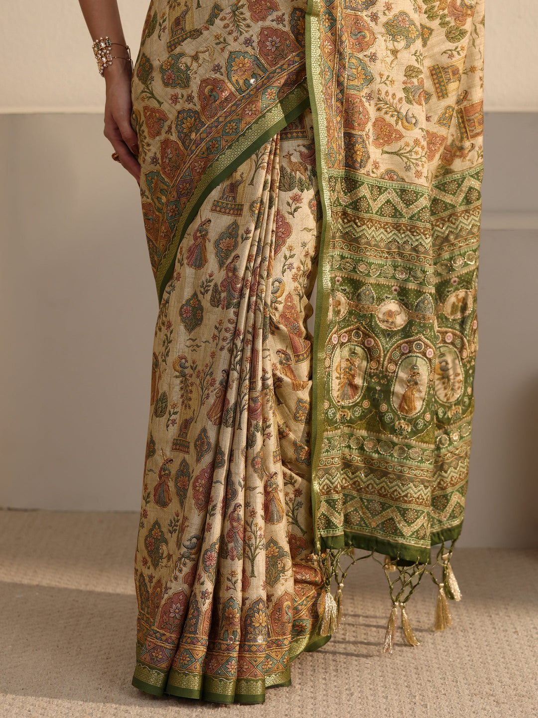  Libas Beige and Green Ethnic Printed Silk Blend Tassel Saree 