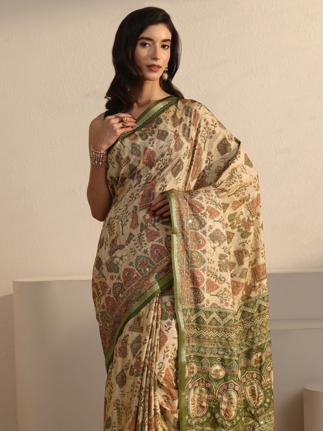  Libas Beige and Green Ethnic Printed Silk Blend Tassel Saree 