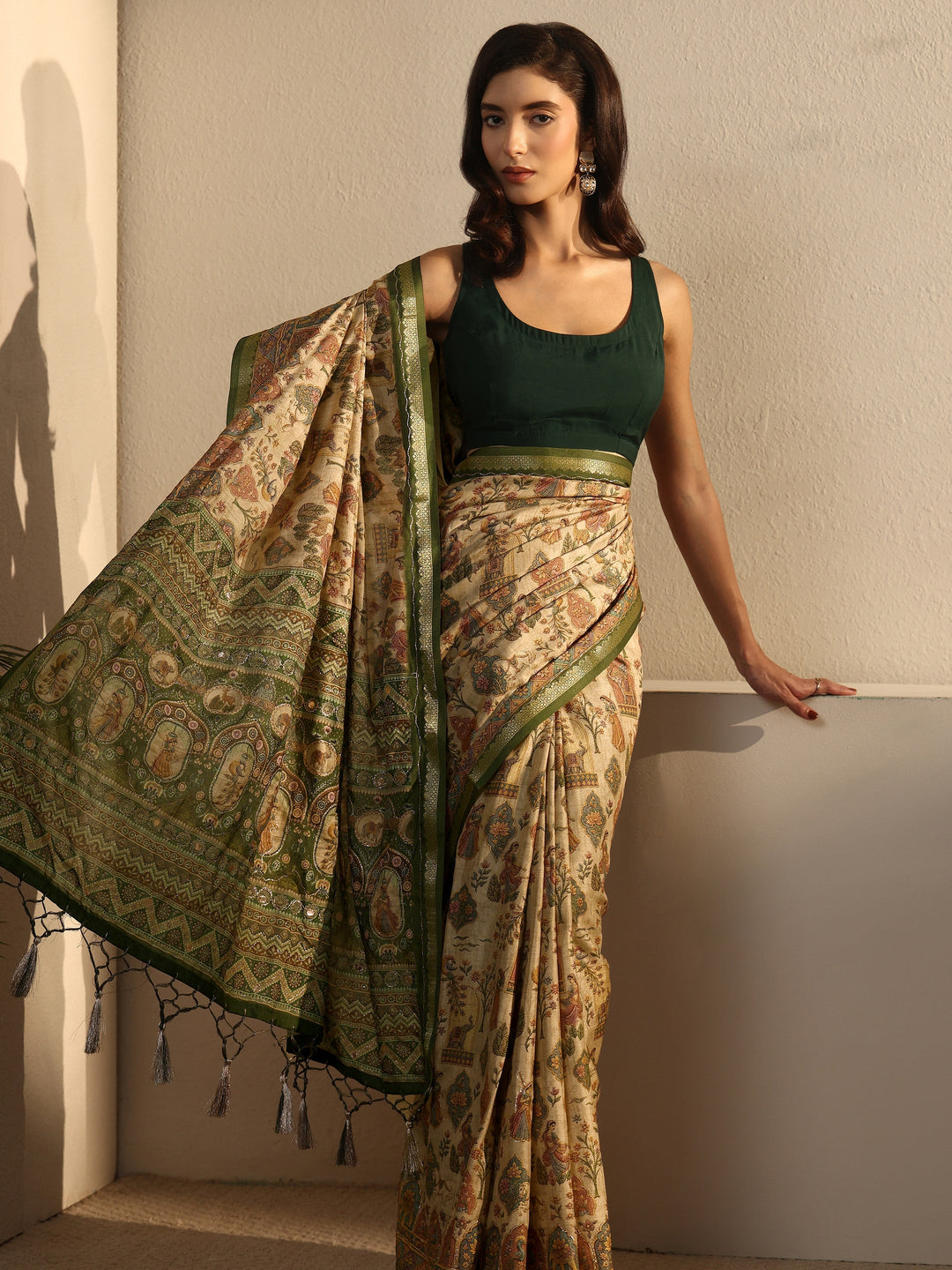  Libas Beige and Green Ethnic Printed Silk Blend Tassel Saree 
