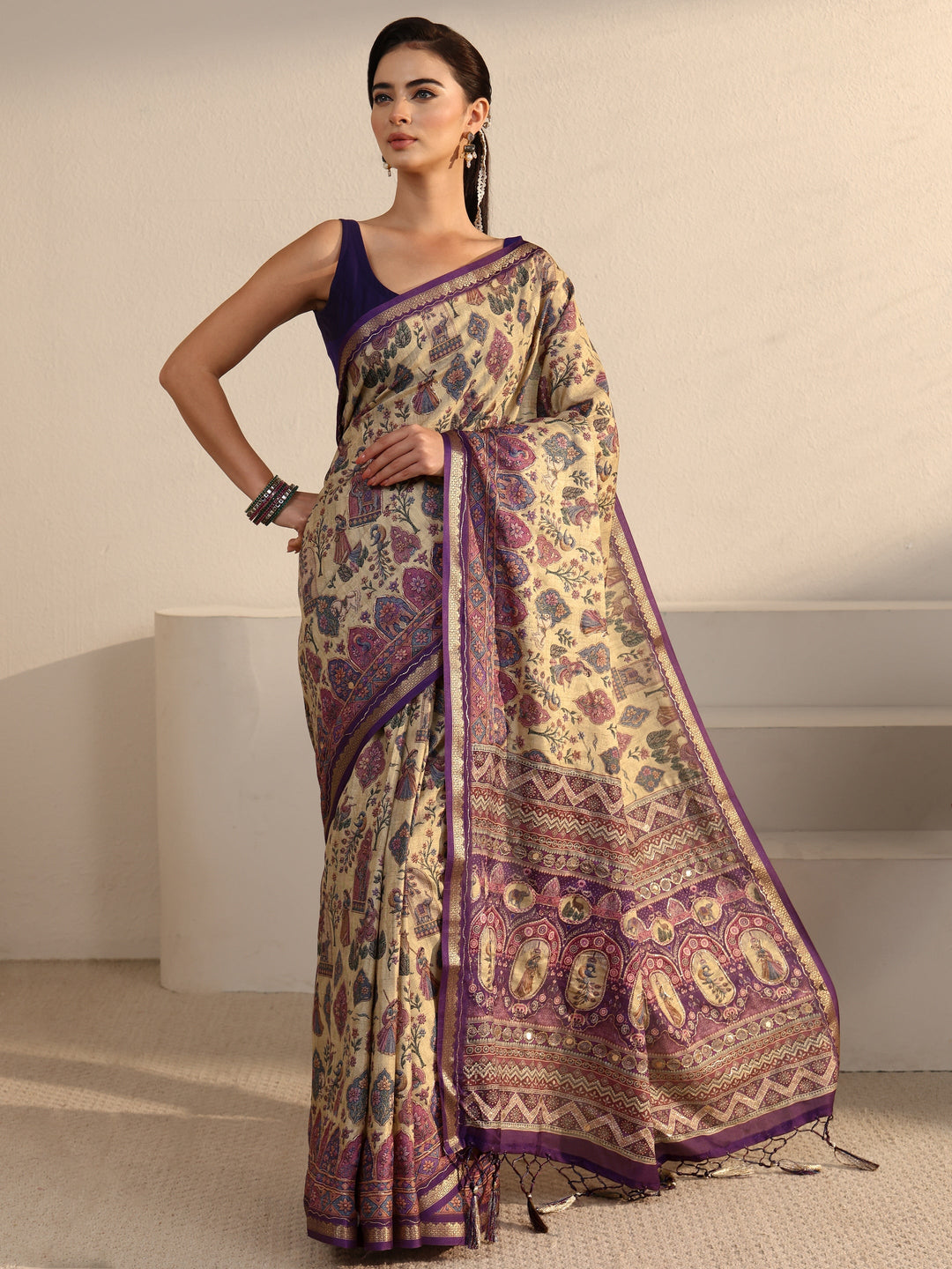  Libas Beige and Purple Ethnic Printed Silk Blend Tassel Saree 