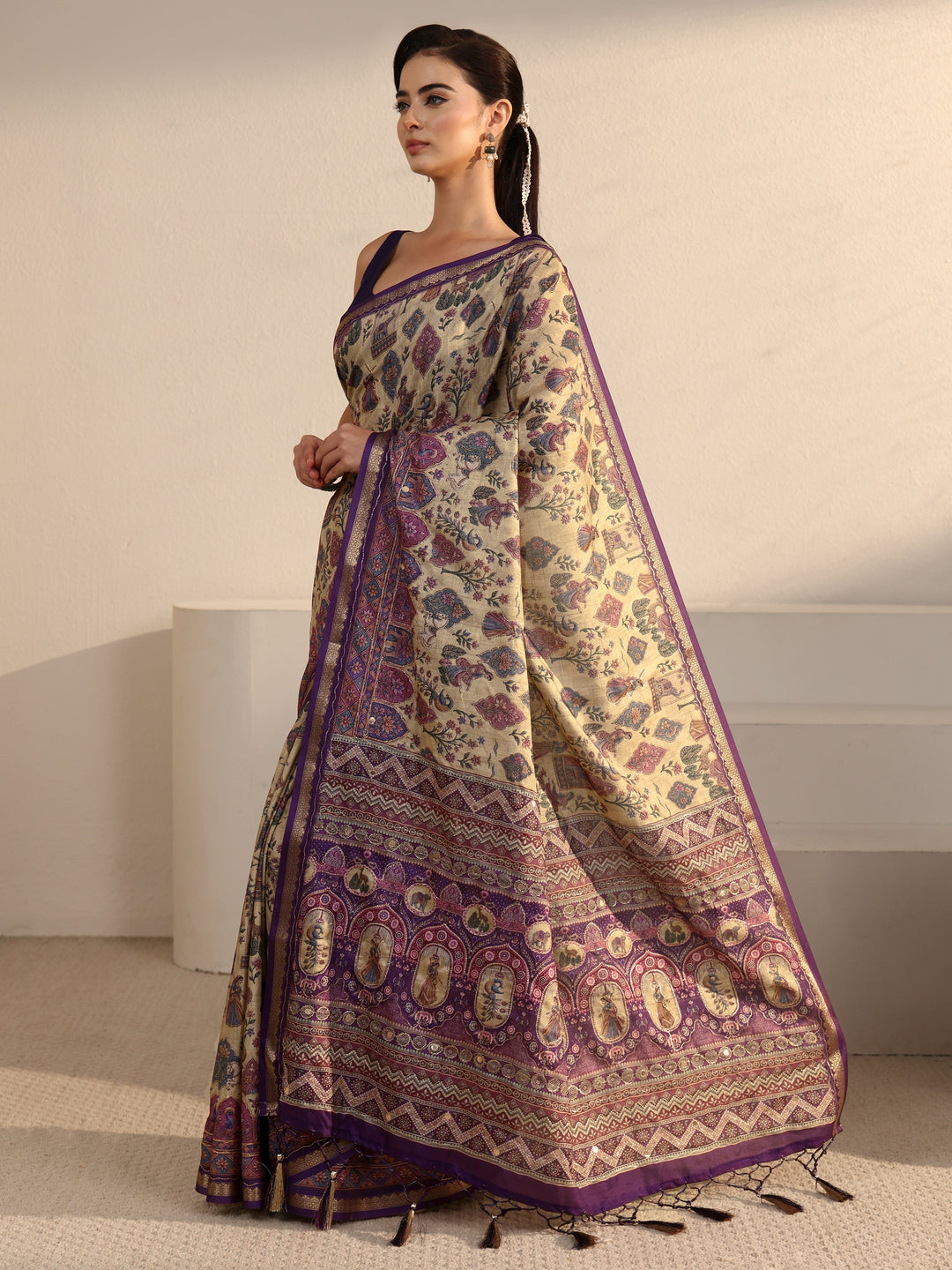  Libas Beige and Purple Ethnic Printed Silk Blend Tassel Saree 