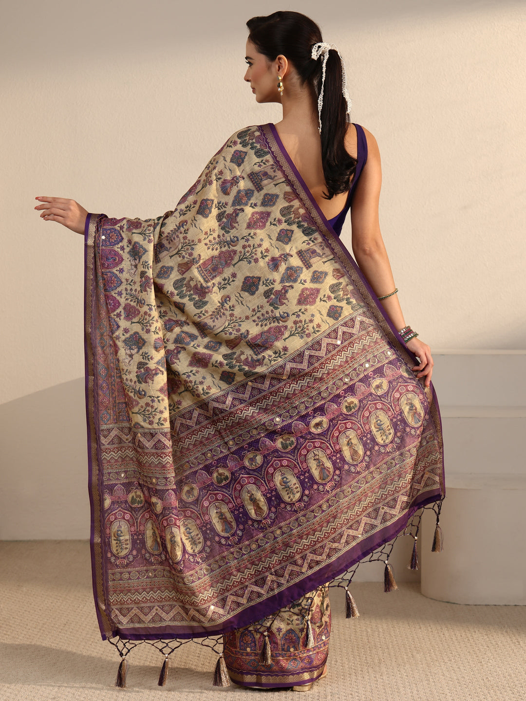  Libas Beige and Purple Ethnic Printed Silk Blend Tassel Saree 