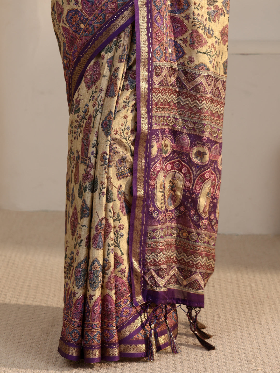  Libas Beige and Purple Ethnic Printed Silk Blend Tassel Saree 