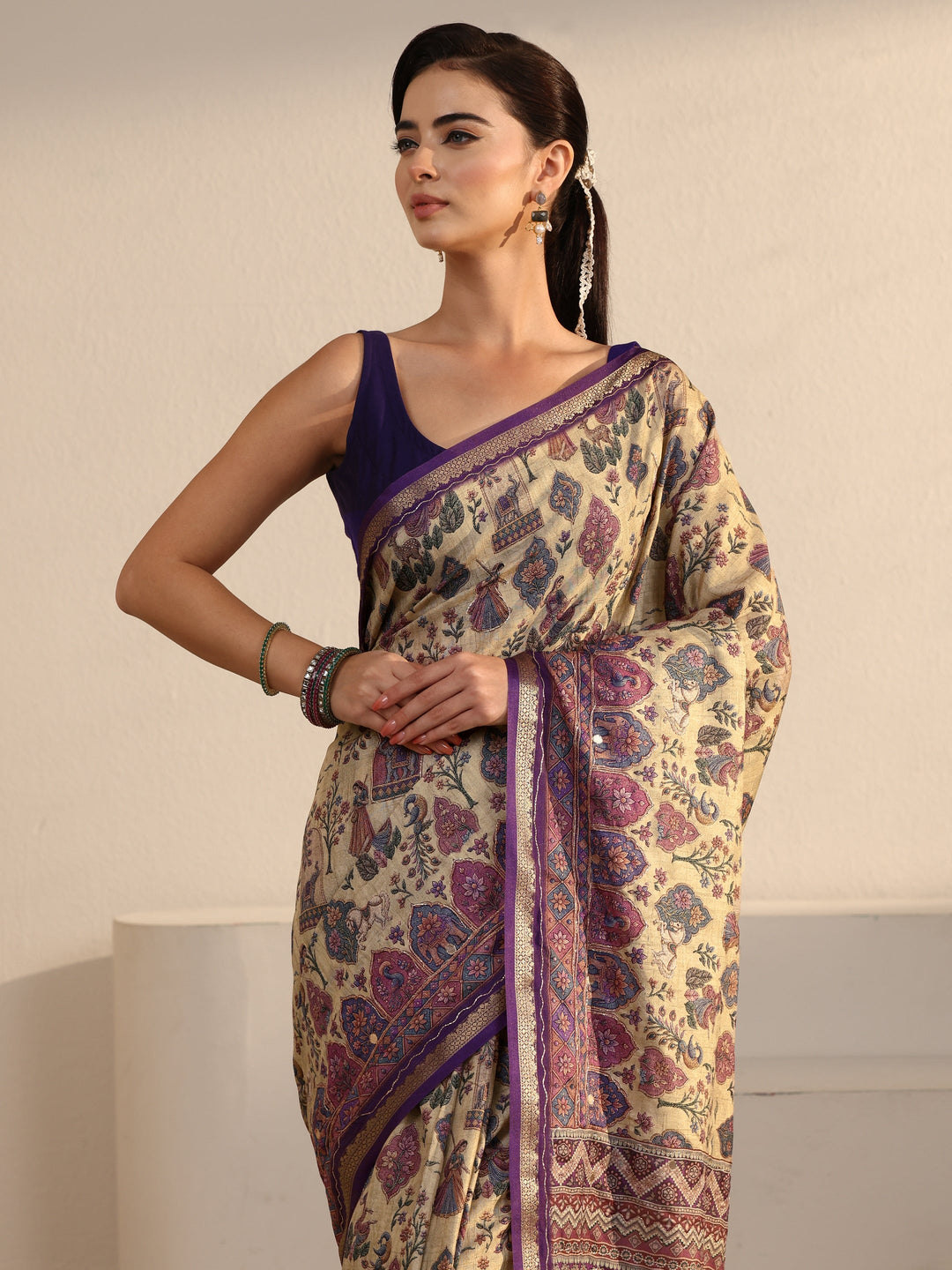  Libas Beige and Purple Ethnic Printed Silk Blend Tassel Saree 