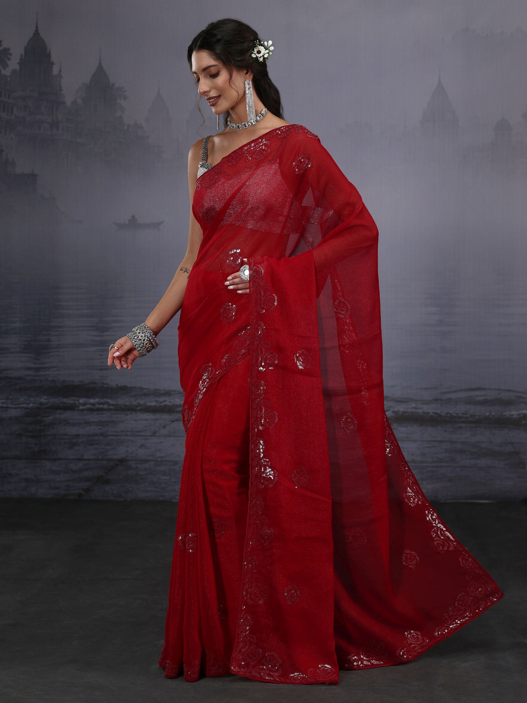  Libas Crimson Red Floral Sequin Embellished Tissue Saree 