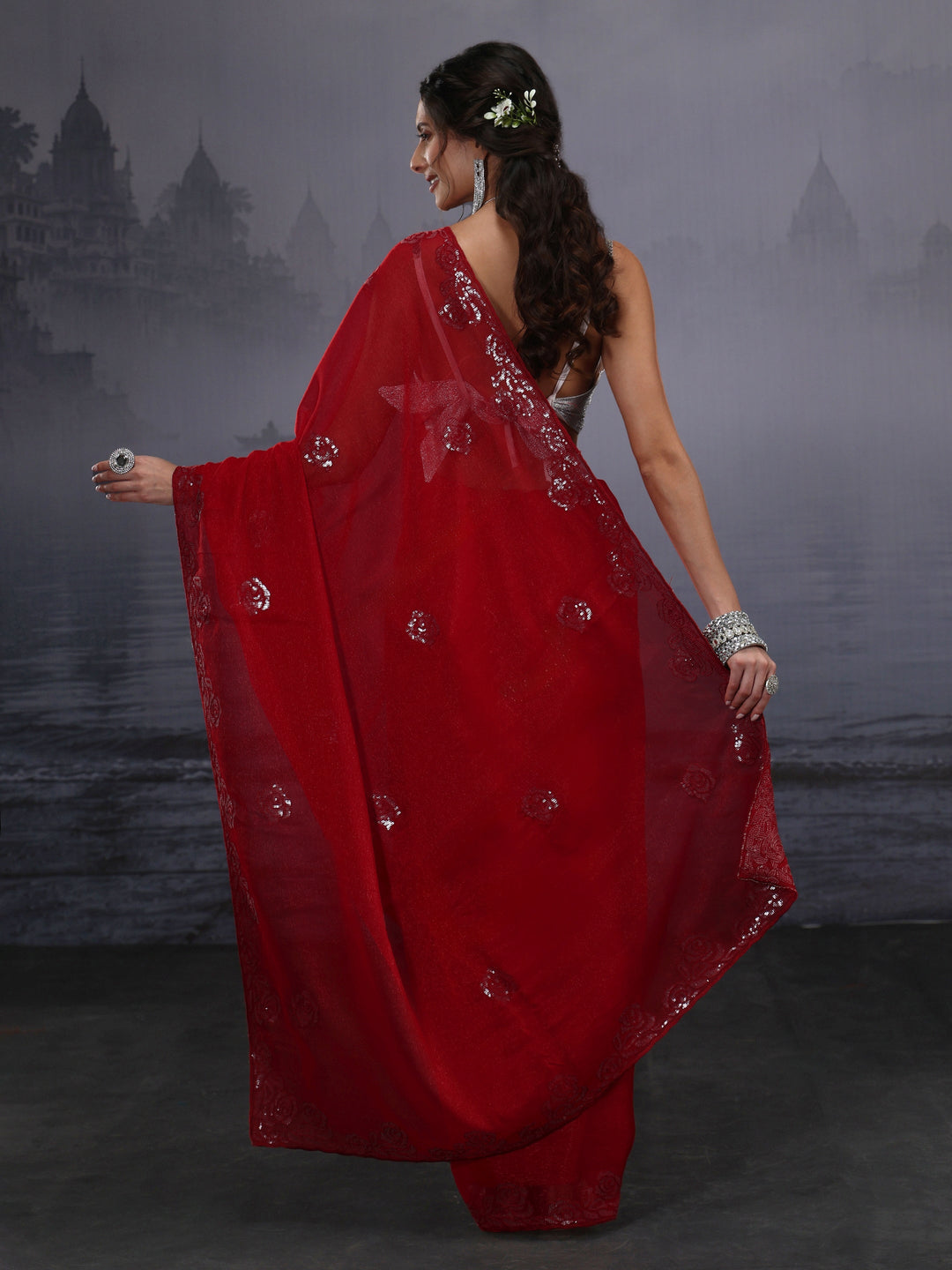  Libas Crimson Red Floral Sequin Embellished Tissue Saree 