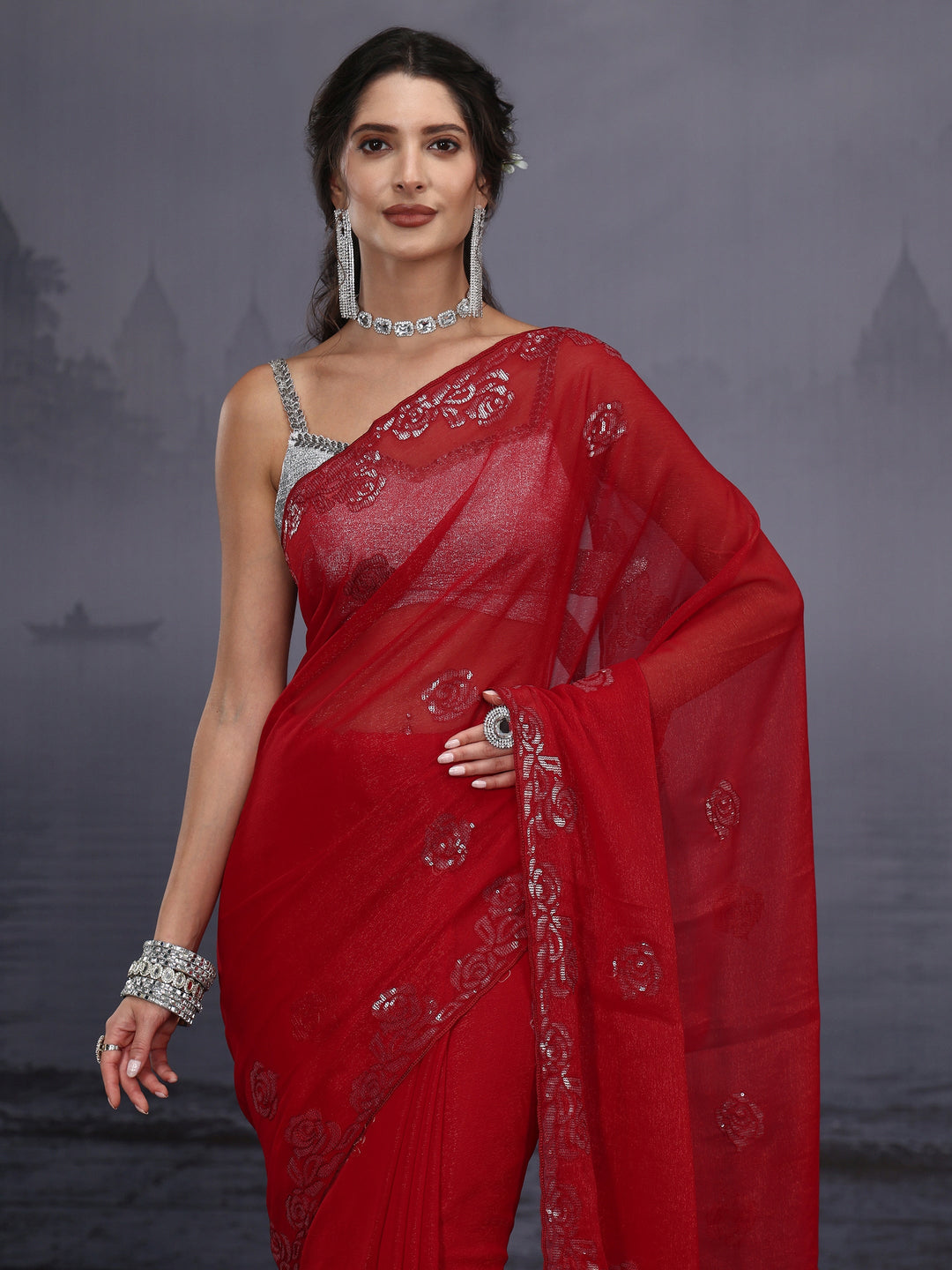  Libas Crimson Red Floral Sequin Embellished Tissue Saree 