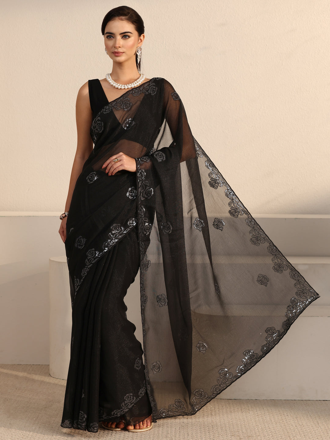  Libas Black Floral Sequin Embellished Tissue Saree 