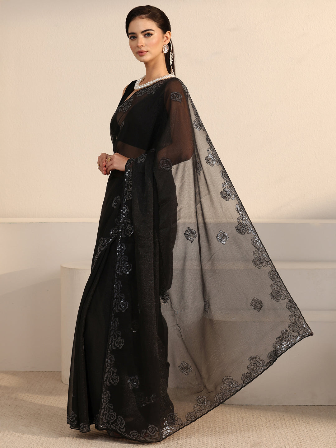  Libas Black Floral Sequin Embellished Tissue Saree 