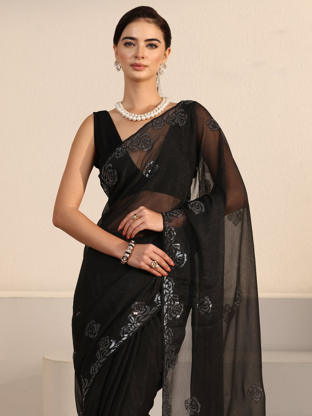 Libas Black Floral Sequin Embellished Tissue Saree 