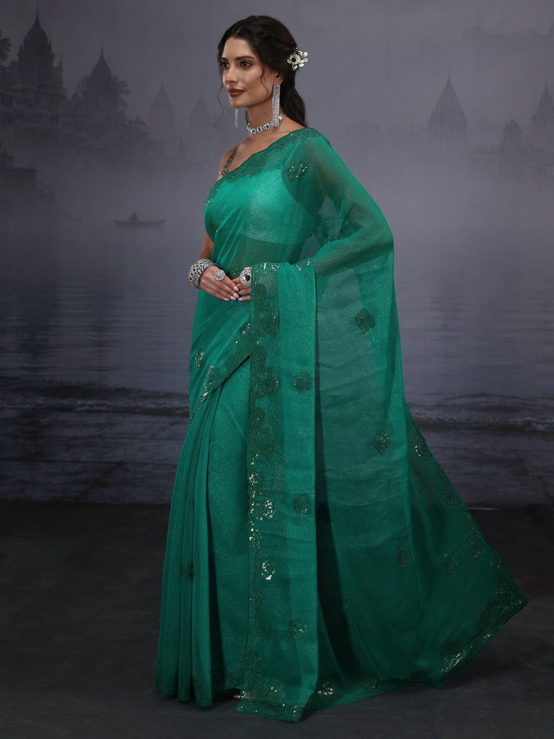  Libas Sea Green Floral Sequin Embellished Tissue Saree 
