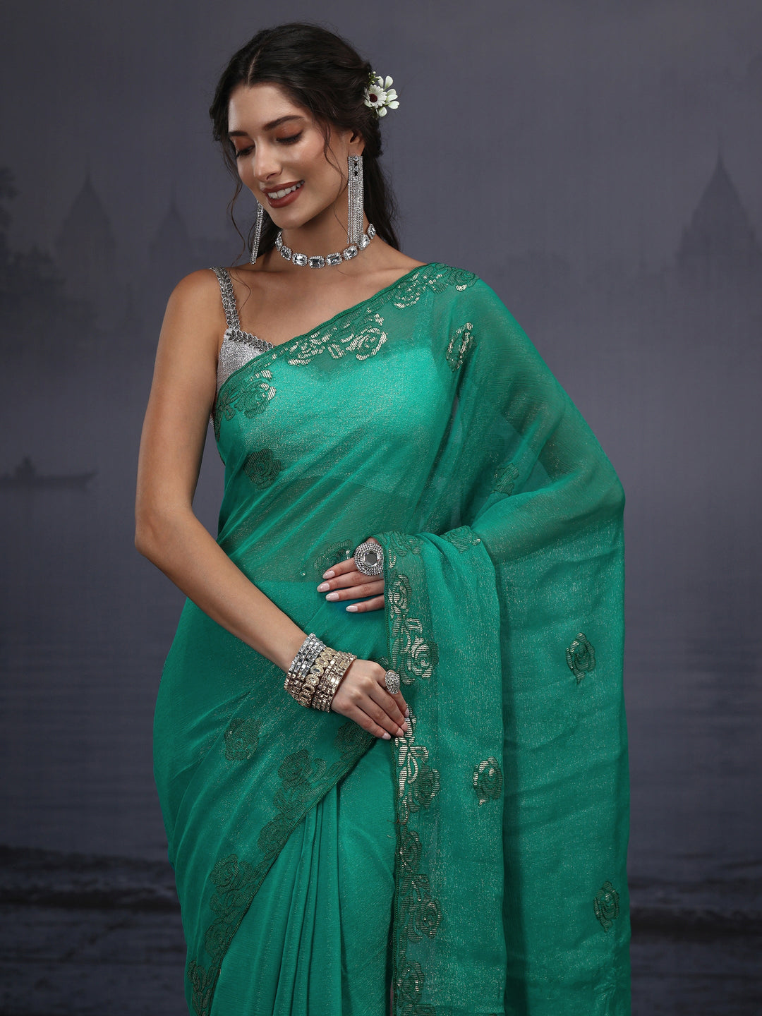  Libas Sea Green Floral Sequin Embellished Tissue Saree 