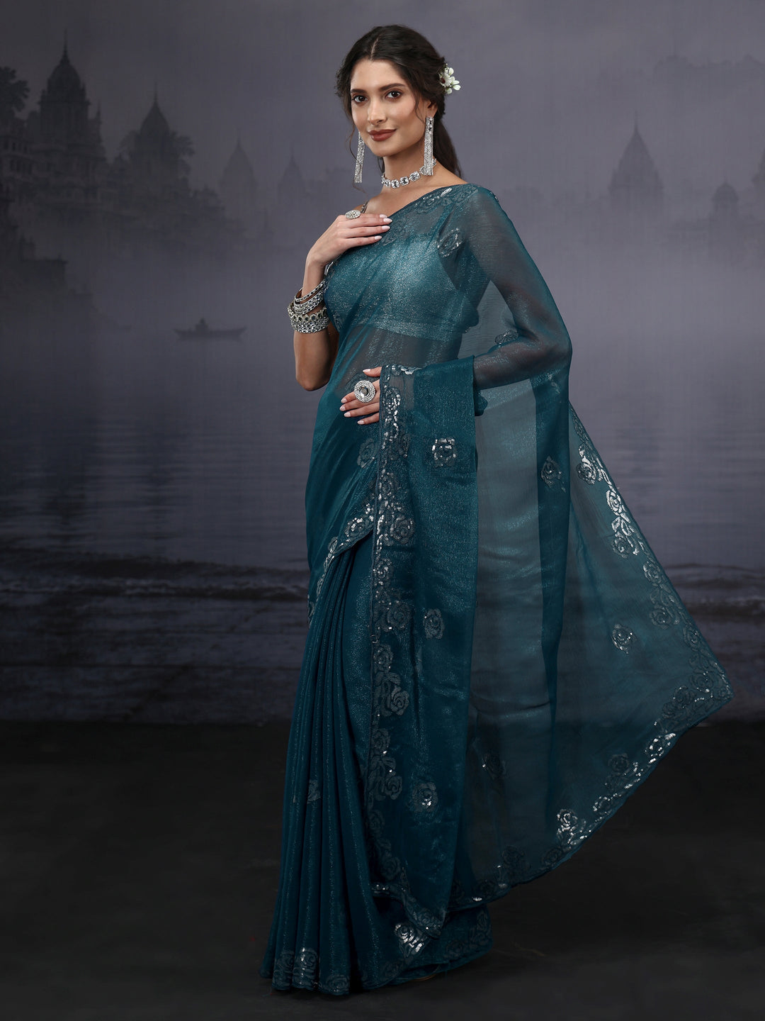  Libas Navy Blue Floral Sequin Embellished Tissue Saree 
