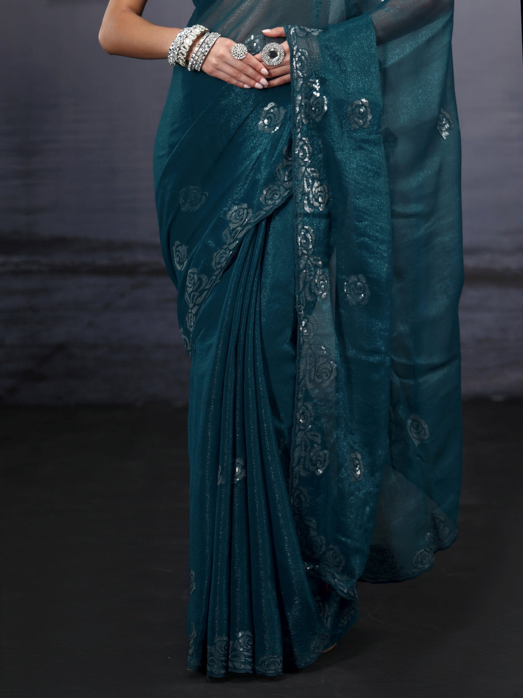  Libas Navy Blue Floral Sequin Embellished Tissue Saree 